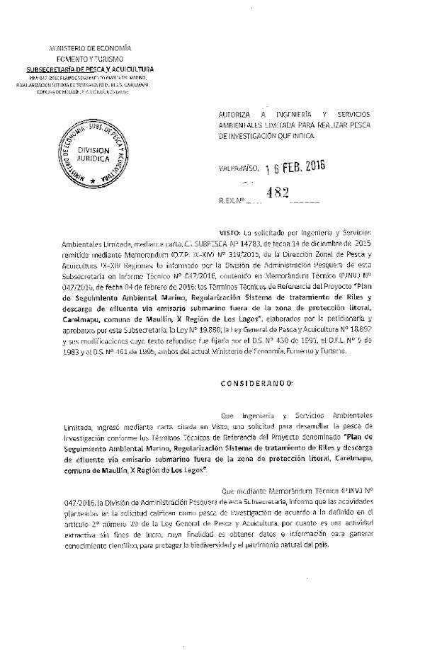 Res. Ex. N° 482-2016 Plan de seguimiento ambiental marino, comuna de Maullín, X Región.