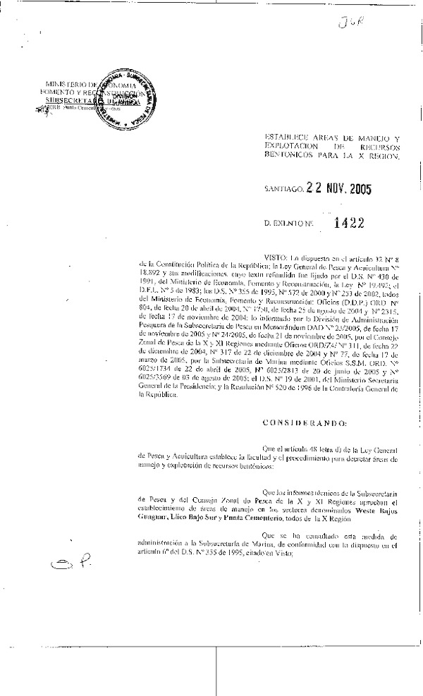 Dec. Ex. N° 1422-2016 Establece Áreas de Manejo y Explotación de Recursos Bentónicos Weste Bajos Guaguar, Llico Bajo Sur y Punta Cementerio, X Región.