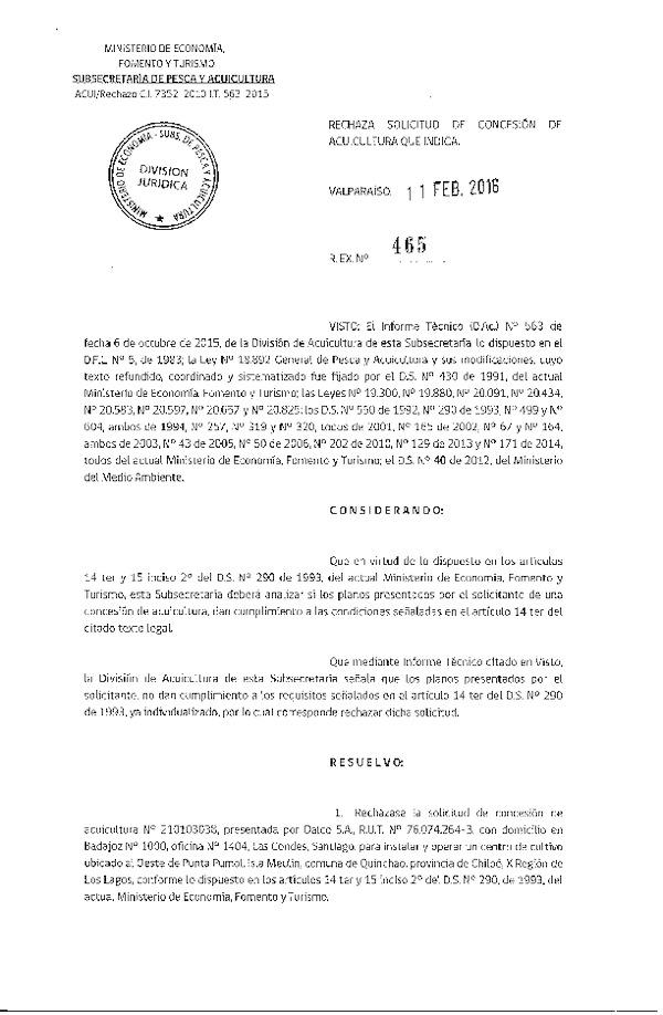 Res. Ex. N° 465-2016 Rechaza Solicitudes de Concesión de Acuicultura.