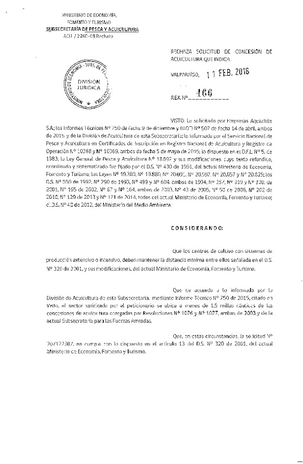 Res. Ex. N° 466-2016 Rechaza Solicitud de Concesión de Acuicultura.