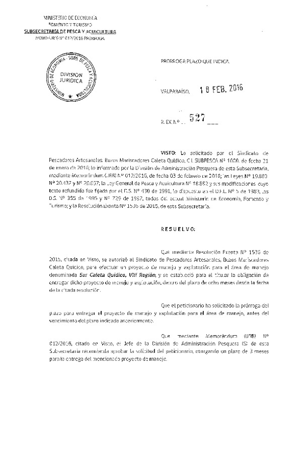 Res. Ex. N° 527-2016 PRORROGA PLAN DE MANEJO.