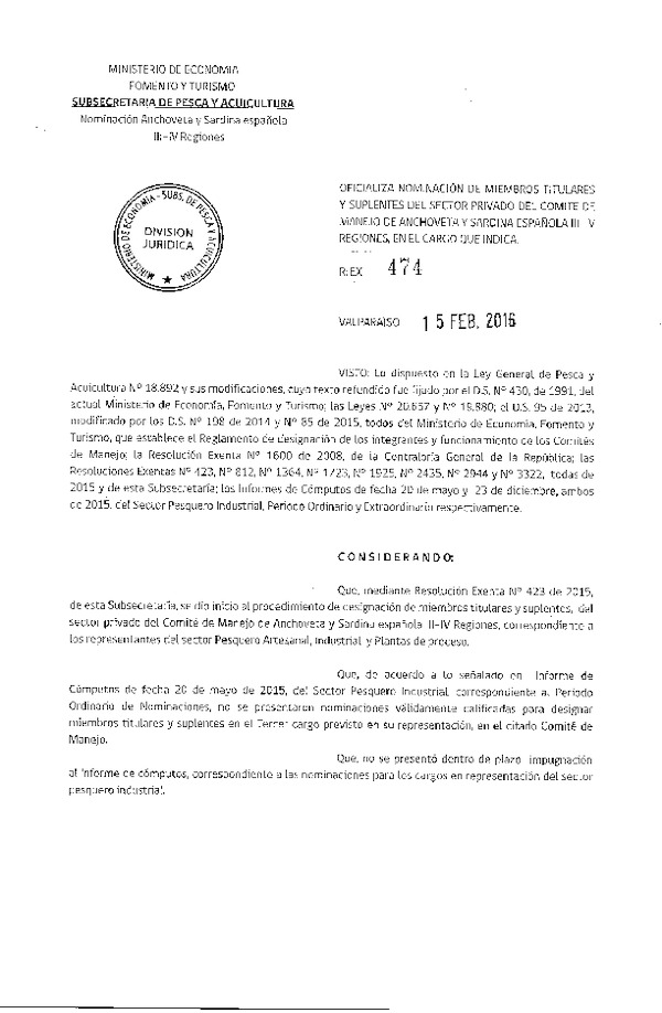 Res. Ex. N° 474-2016 Oficializa Nominación de Miembros Titulares y Suplentes del Sector Privado del Comité de Manejo de Anchoveta y Sardina Española III-IV Regiones, en Cargo que Indica. (F.D.O. 23-02-2016)