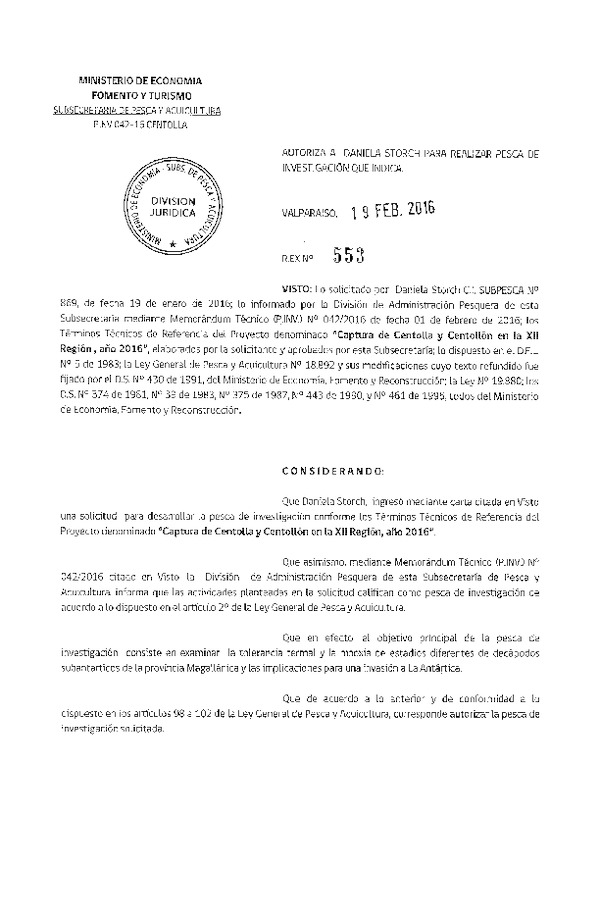 Res. Ex. N° 553-2016 Captura de Centolla y Centollón en la XII Región, año 2016.