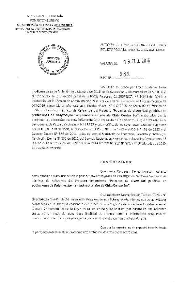 Res. Ex. N° 582-2016 Patrones de diversidad genética en poblaciones de Didymosphenia geminata en ríos de Chile Centro Sur.