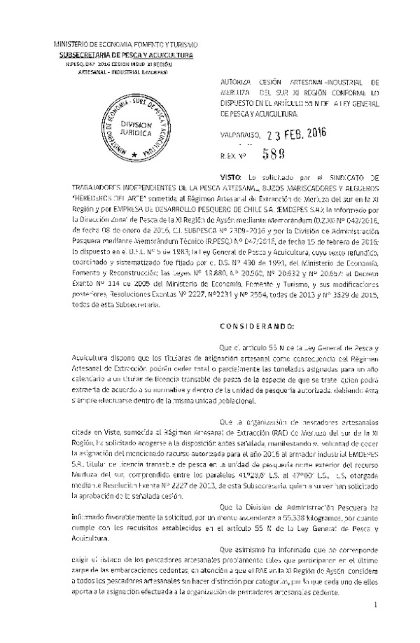 Res. Ex. N° 589-2016 Autoriza Cesión Merluza del Sur XI Región.