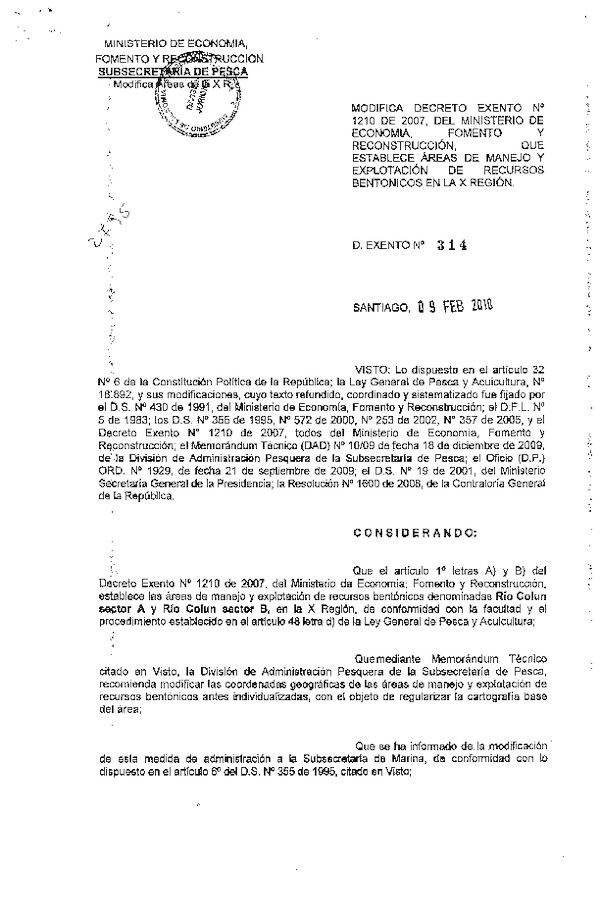 Dec. Ex. N° 314-2010 Modifica Dec. Ex. N° 1210-2007 Área de Maneko Río Colun Sector A y río Colun Sector B, XIV Región.