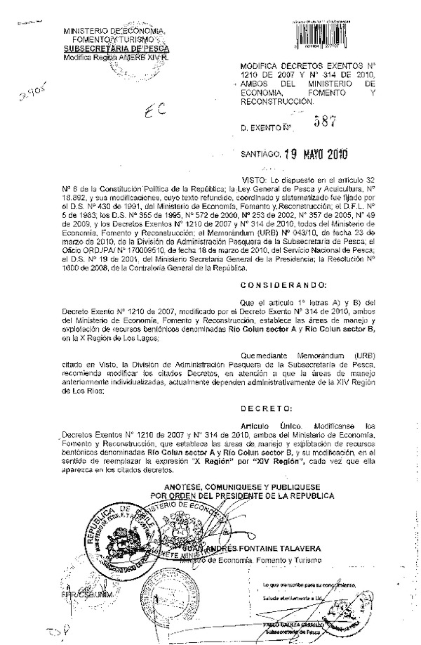 Dec. Ex. N° 587-2010 Modifica Dec. Ex. N° 1210-2007 y Dec. Ex. N° 314-2010, Área de Maneko Río Colun Sector A y Río Colun Sector B, XIV Región.