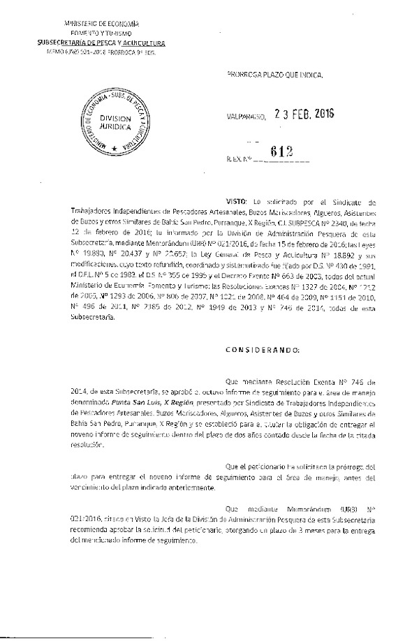 Res. Ex. N° 612-2016 PRORROGA 9° SEGUIMIENTO.