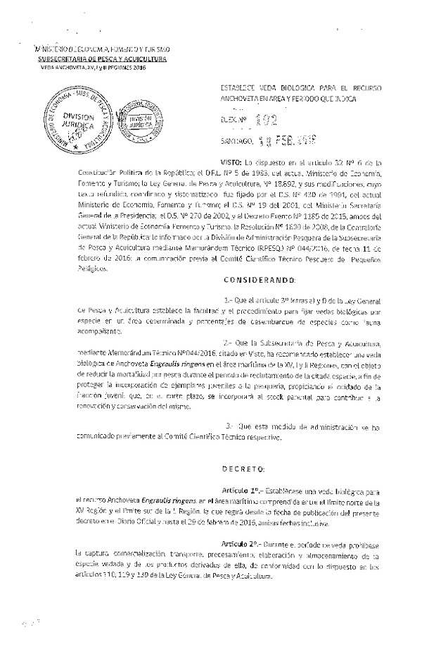 Dec. Ex. N° 102-2016 Establece Veda Biológica para el recurso Anchoveta en la XV, I y II Regiones. (F.D.O. 25-02-2016)