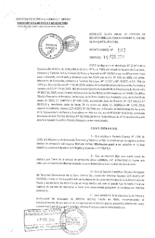 Dec. Ex. N° 103-2016 Establece Cuota Anual de Captura de recurso Merluza Común Fuera de su Unidad de Pesquería  IV - 41°28,6' L.S., Año 2016. (F.D.O. 25-02-2016)