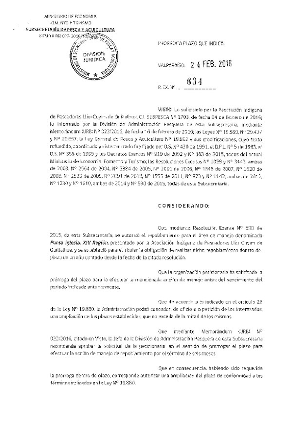 Res. Ex. N° 634-2016 PRRROGA ACCIÓN DE MANEJO.