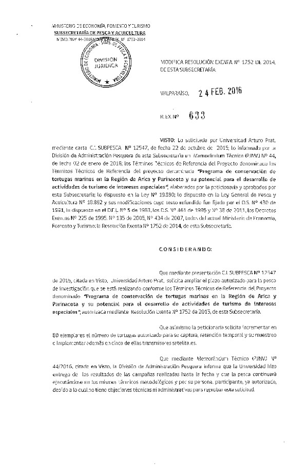 Res. Ex. N° 633-2016 Modifica R EX N° 1752-2014 Programa de conversación de tortugas marinas en la Región de Arica y Parinacota.