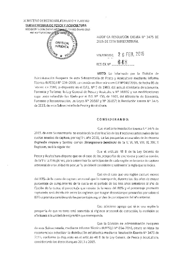 Res. Ex. N° 648-2016 Modifica Res. Ex. N° 3475-2015 Establece Distribución de las Fracciones artesanales de Anchoveta y Sardina Común V-X Regiones, por Región, Año 2016. (F.D.O. 04-03-2016)