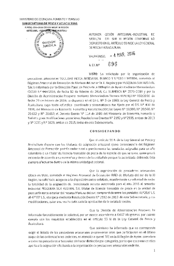Res. Ex. N° 696-2016 Autoriza Cesión Merluza del sur, XI Región.