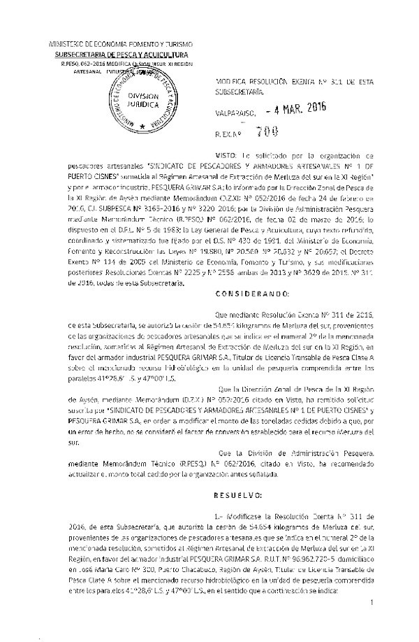 Res. Ex. N° 700-2016 Modifica Res. Ex. N° 311-2016 Autoriza Cesión Merluza del Sur XI Región.