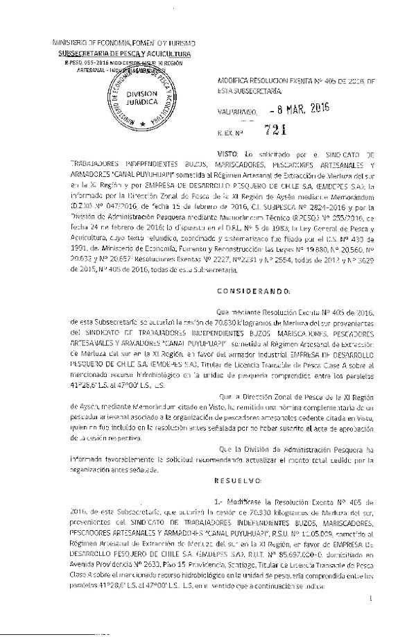 Res. Ex. N° 721-2016 Modifica Res. Ex. N° 405-2016 Autoriza Cesión Merluza del Sur XI Región.