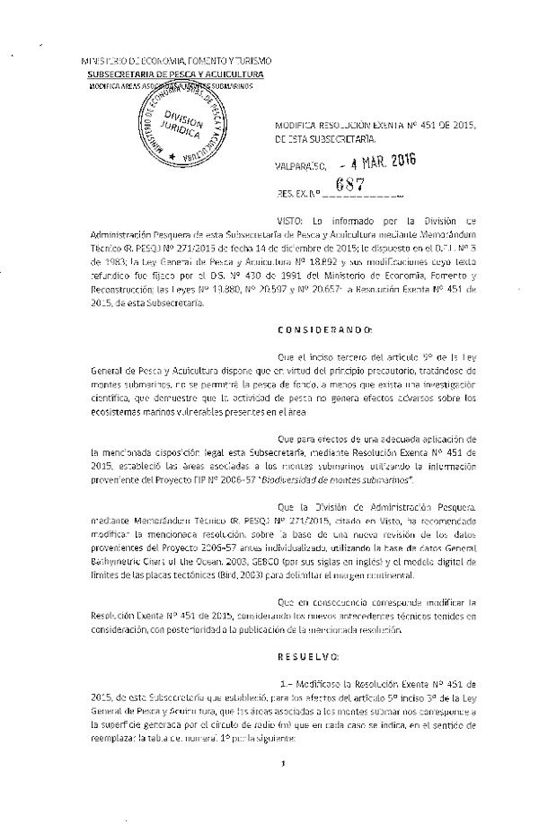 Res. Ex. 687-2016 Modifica Res. Ex. N° 451-2015 Establece áreas asociadas a los montes submarinos para efectos del artículo 5° inciso 3° de la Ley General de Pesca y Acuicultura. (F.D.O. 09-03-2016)