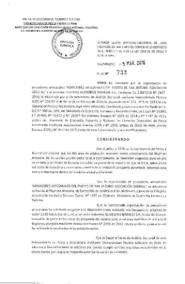 Res. Ex. N° 733-2016 Autoriza Cesión Jurel V Región.