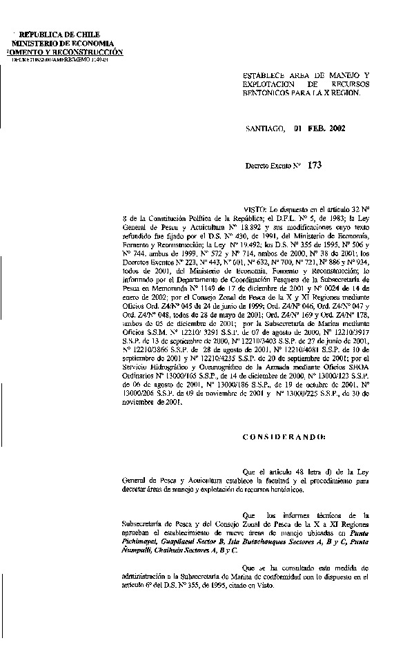 Dec. Ex. N° 173-2002 Establece Área de Manejo Punta Pichimayai, Guapilacui Sector B, Isla Butachauques Sectorres A,B y C y Otros. X Región.