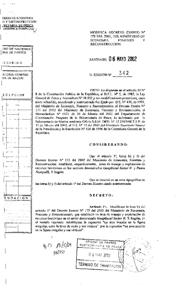 Dec. Ex. N° 342-2002 Modifica Dec. Ex. N° 173-2002 Área de Manejo Ñumpulli, X Región.