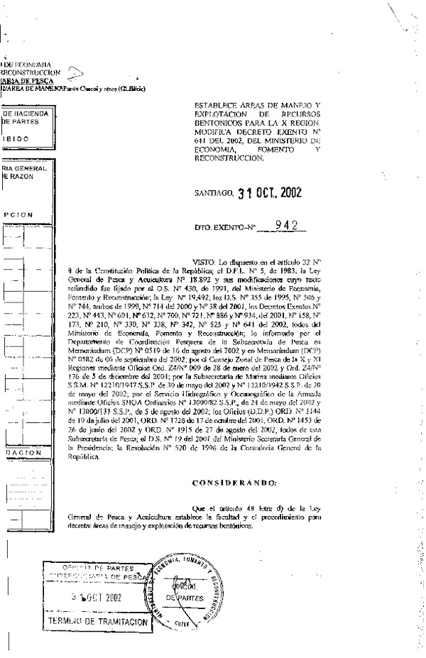 Dec. Ex. N° 942-2002 Establece Áreas de Manejo Punta Choci y Otros. Modifica Dec. Ex. N° 641-2002.