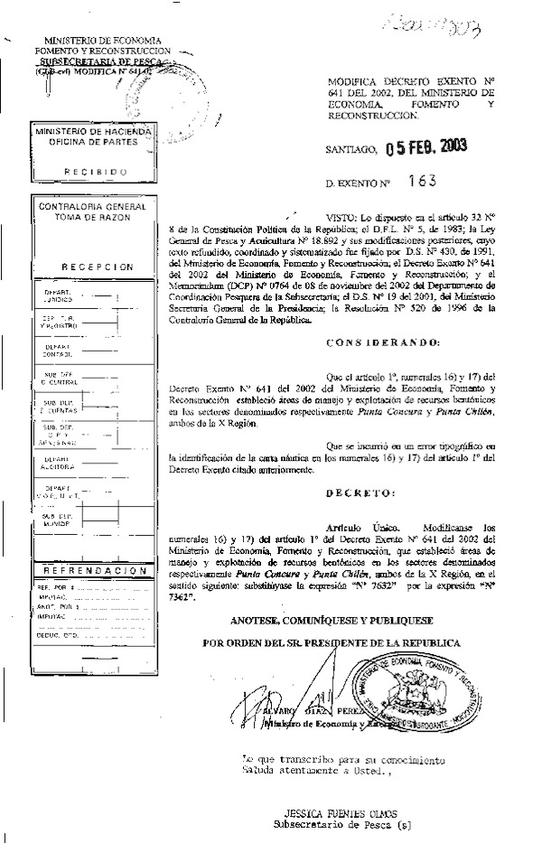 Dec. Ex. N° 163-2003 Modifica Dec. Ex. N° 641-2002 Punta Concura y Punta Chilén, X región.