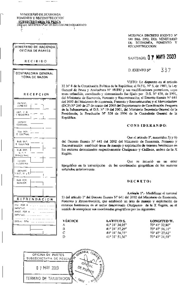 Dec. Ex. N° 337-2003 Modifica Dec. Ex. N° 641-2002 Cullinco, Chaiguaco, X Región.