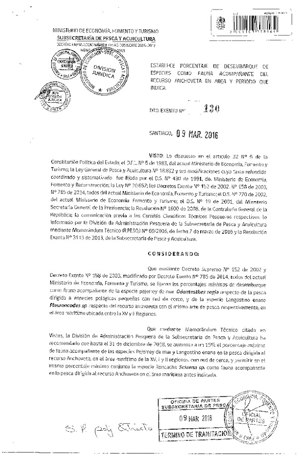 Dec. Ex. N° 130-2016 Establece Porcentaje de desembarque de Especies como Fauna Acompañante de recursos que Indica. (F.D.O. 14-03-2016)