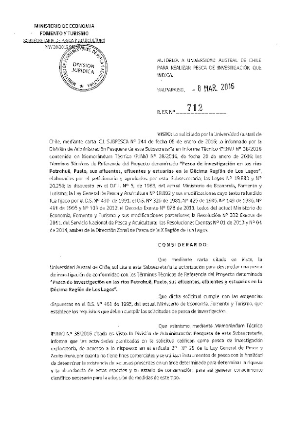 Res. Ex. N° 712-2016 Pesca de investigación en los ríos Petrohué, Puelo, X Región.