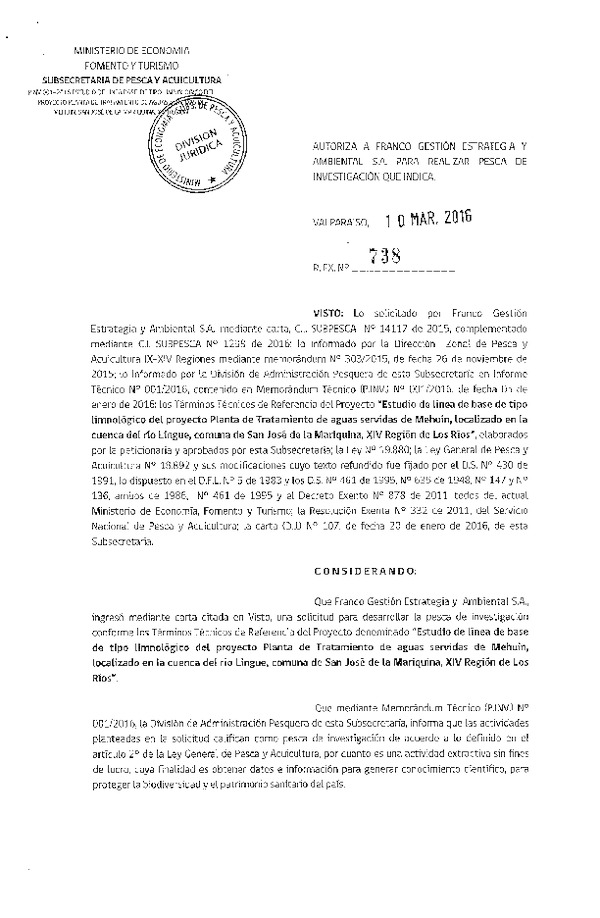 Res. Ex. N° 738-2016 Estudio de línea de base de tipo limnológico río Lingue, XIV Región.