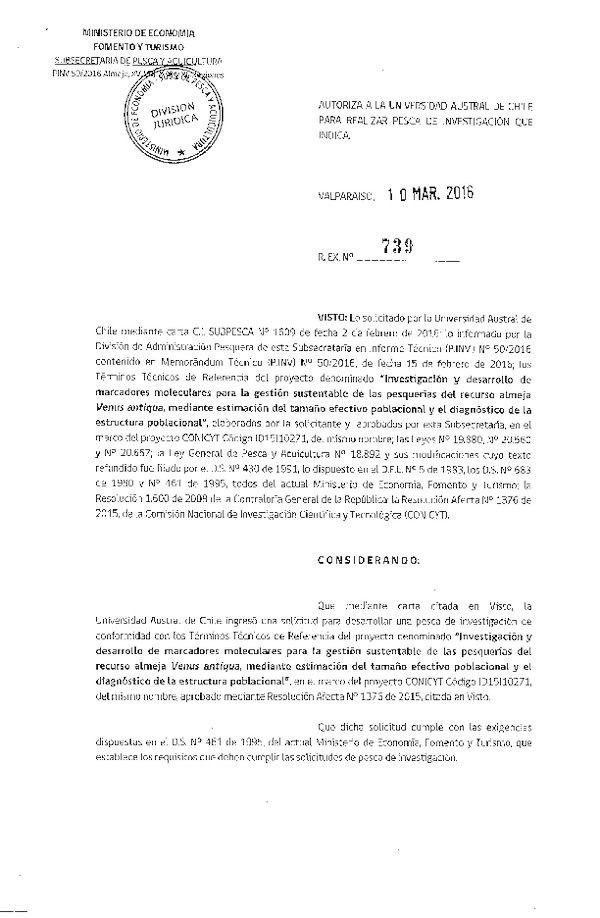 Res. Ex. N° 739-2016 Investigación y desarrollo de marcadores moleculares recurso Almeja.