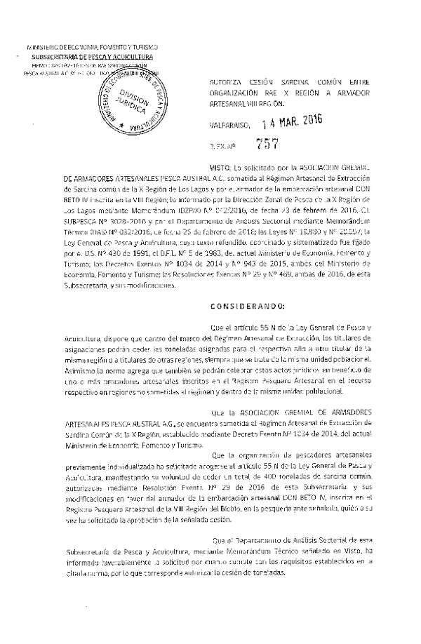 Res. Ex. N° 757-2016 Autoriza Cesión Sardina común X Región.