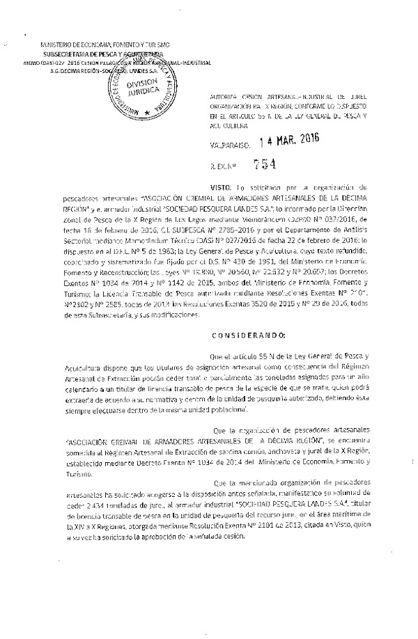 Res. Ex. N° 754-2016 Autoriza Cesión Jurel X Región.
