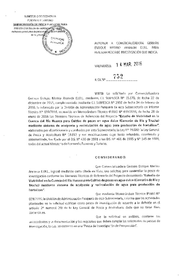 Res. Ex. N° 752-2016 Estudio de viabilidad cuenca del río Huasco cultivo de peces en agua dulce.