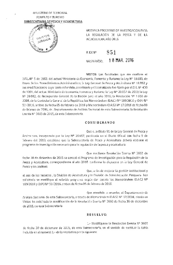 Res. Ex. N° 851-2016 Modifica Res. Ex. N° 3603-2015 Aprueba Programa de Ivestigación para la Regulación de la Pesca y Acuicultura, Año 2016.