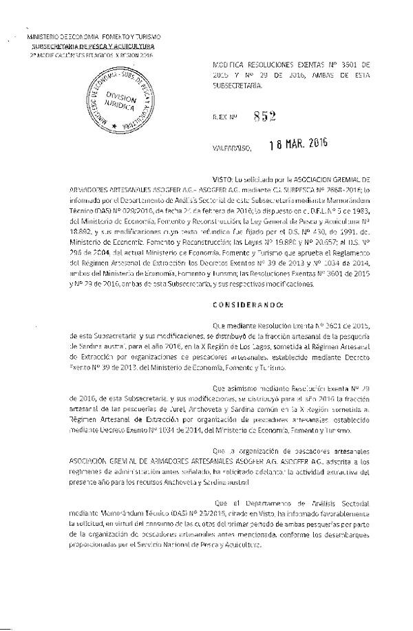 Res. Ex. N° 852-2016 Modifica Res. Ex. N° 3601-2015 y N° 29-2016 Pelágicos X Región.