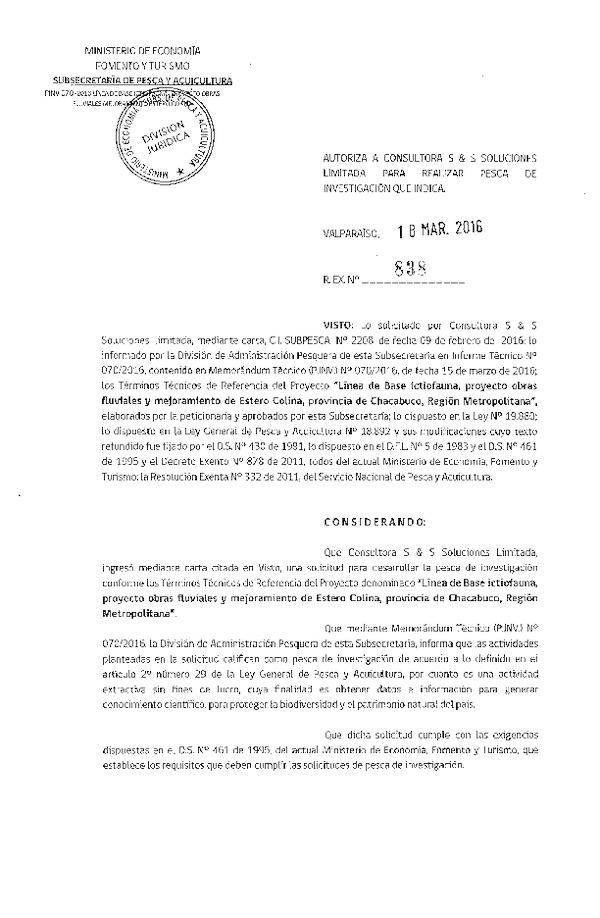 Res. Ex. N° 838-2016 Línea de base ictofauna, proyecto obras fluviales, Región Metropolitana.