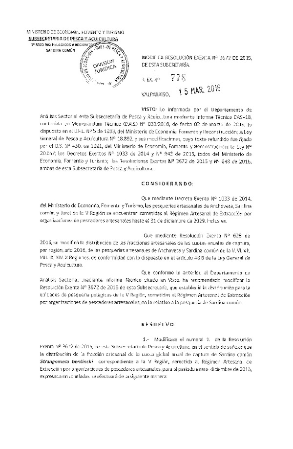 Res. Ex. N° 778-2016 Modifica Res. Ex. N° 3672-2015 Distribución de la Fracción Artesanal Pesquería de Anchoveta, Sardina Común, Anchoveta y Jurel en la V Región. (F.D.O. 22-03-2016)