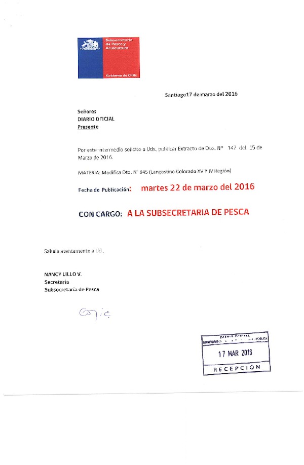 Dec. Ex. N° 147-2016 Modifica Dec. Ex. N° 945-2015 Establece Cuota Anual de Captura de Crustáceos Demersales Sometidos a Licencias Transables de Pesca que Indica, Año 2016. (F.D.O. 22-03-2016)