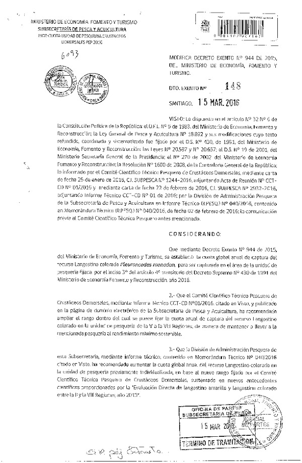 Dec. Ex. N° 148-2016 Modiifca Dec. Ex. N° 944-2015 Establece Cuota Anual de Captura de las Especies Langostino Amarillo y Langostino Colorado, Año 2016. (F.D.O. 22-03-2016)