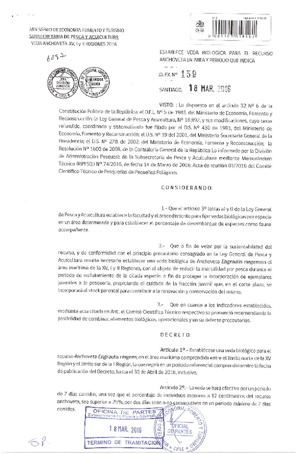 Dec. Ex. N° 159-2016 Establece Veda Biológica para el recurso Anchoveta en la XV, I y II Regiones. (F.D.O. 24-03-2016)