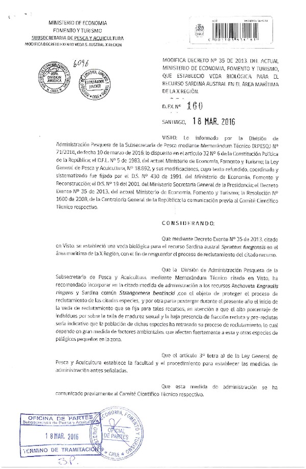 Dec. Ex. N° 160-2016 Modifica Dec. Ex. N° 35-2013 Veda Biológica recursos Sardina Austral, Sardina cimún y Anchoveta, X Región. (F.D.O. 24-03-2016)