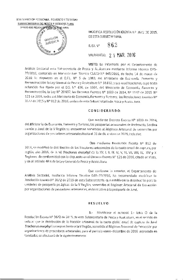 Res. Ex. N° 862-2016 Modifica Res. Ex. N° 3672-2015 Distribución de la Fracción Artesanal Pesquería de Anchoveta, Sardina Común, Anchoveta y Jurel en la V Región. (F.D.O. 28-03-2016)