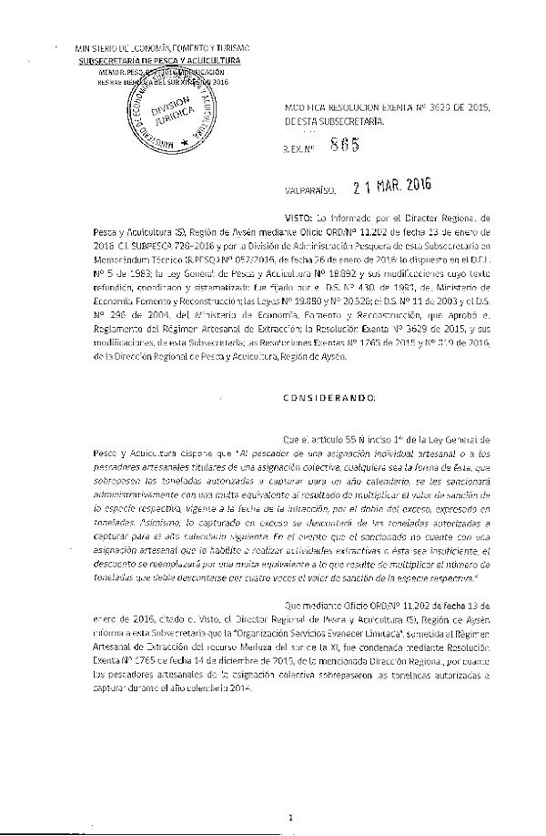 Res. Ex. N° 865-2016 Modifica Res. Ex. N° 3629-2015 Distribución de la Fracción Artesanal de Pesquería de Merluza del Sur por Área, XI Región, año 2016. (F.D.O. 28-03-2016)