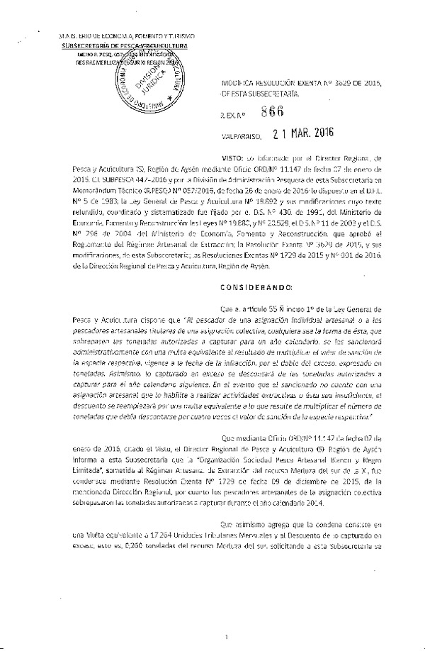 Res. Ex. N° 866-2016 Modifica Res. Ex. N° 3629-2015 Distribución de la Fracción Artesanal de Pesquería de Merluza del Sur por Área, XI Región, año 2016. (F.D.O. 28-03-2016)