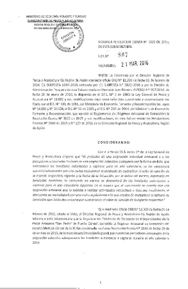 Res. Ex. N° 867-2016 Modifica Res. Ex. N° 3629-2015 Distribución de la Fracción Artesanal de Pesquería de Merluza del Sur por Área, XI Región, año 2016. (F.D.O. 28-03-2016)