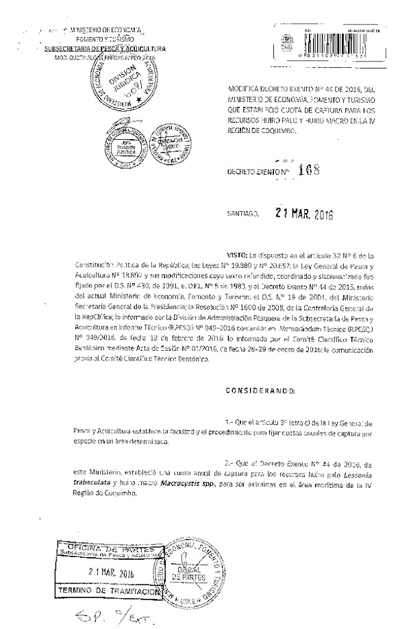 Dec. Ex. N° 168-2016 Modifica Dec. Ex. N° 44-2016 Establece Cuota de Captura Recursos Huiro palo y Huiro macro, IV Región. (F.D.O. 28-03-2016)