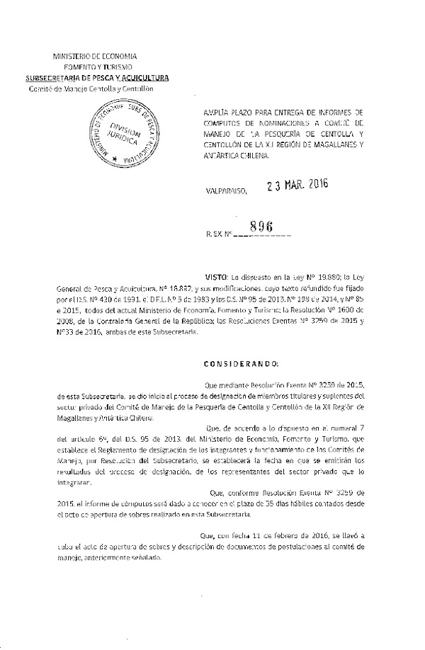 Res. Ex. N° 896-2016 Amplía Plazo para Entrega de Informes de Cómputos de Nominaciones a Comité de Manejo de la Pesquería de Centolla y Centollón de la XII Región. (F.D.O. 30-03-2016)