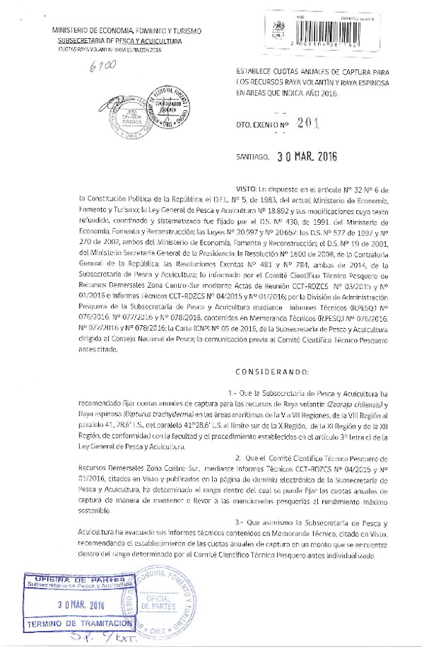 Dec. Ex. N° 201-2016 Establece Cuotas Anuales de Capturapara los Recursos Raya Volantín y Raya Espinosa, V-XII Región.