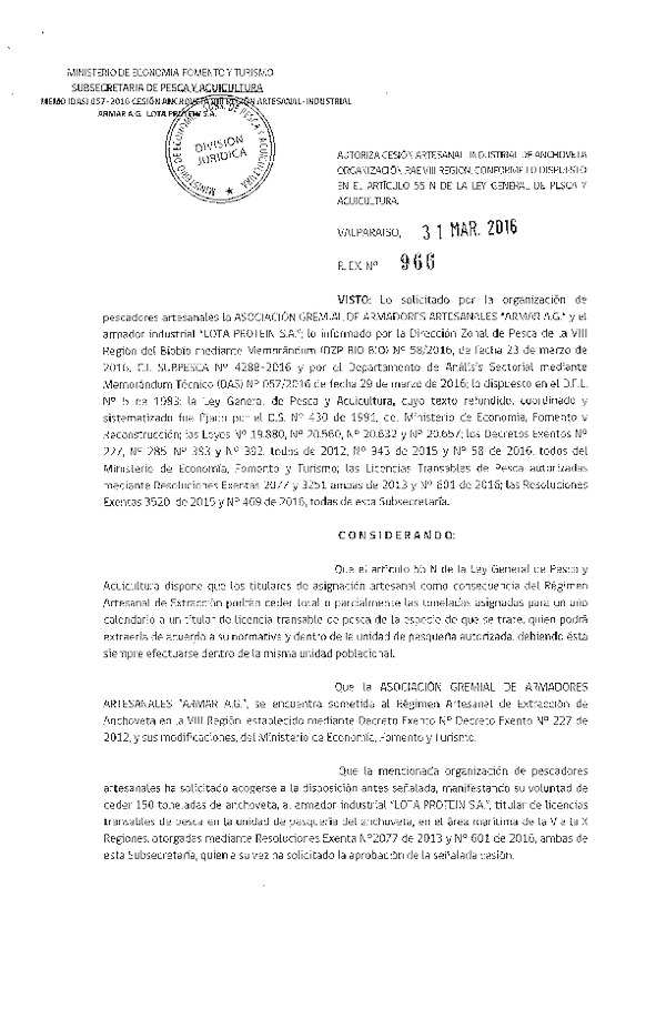 Res. Ex. N° 966-2016 Autoriza Cesión Anchoveta VIII Región.